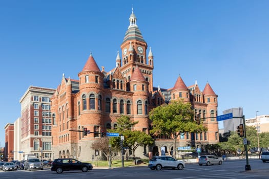 Dallas, USA - November 7, 2023: scenic skyline wit Dallas County Courthouse in late afternoon in Dallas, Texas