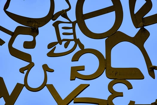 Frankfurt, Germany - January 7, 2024: detail of sculpture Body of Knowledge from Jaume Plensa in Frankfurt, Germany. The sculpture was donated by Johanna Quandt and inaugurated in 2010.