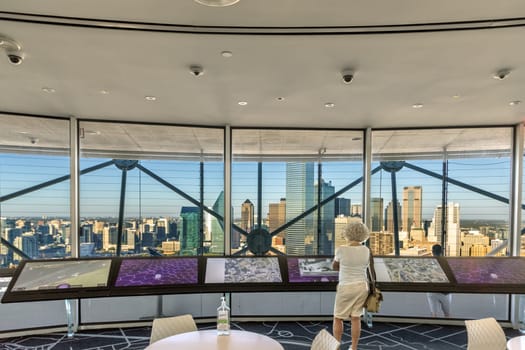 Dallas, USA - November 6, 2023: people enjoy aerial view from Observation tower to the skyline of Dallas, USA.