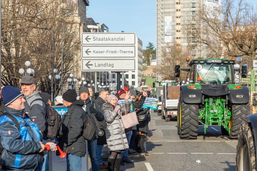 Wiesbaden, Germany - January 8, 2024: farmer with their tractors demonstrate for cutting down the price for diesel fuel and against the german government.