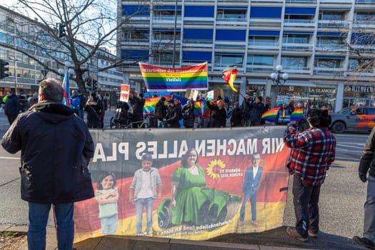 Wiesbaden, Germany - January 8, 2024: farmer with their tractors demonstrate for cutting down the price for diesel with poster wir machen alles kaputt - engl we destroy everything.