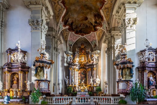 Amorbach, Germany - January 27, 2024: the catholic church St. Gangolf was built by architect Alexander Jakob Schmitt in baroque stile and is famous for its beauty.