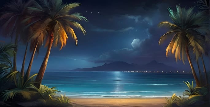 Palms at the beach in night