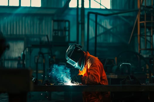 A professional welder is welding metal in a factory. Welder wearing a welding helmet and orange coverall. AI generated