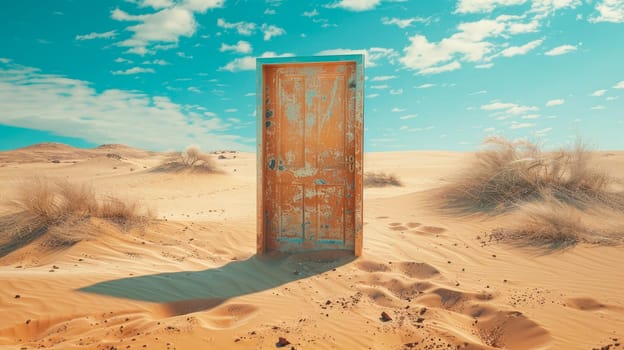 Wooden door in the sandy desert. AI generated