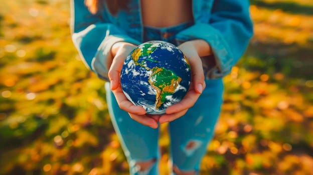 Woman holding earth. Concept for - save planet, earth day, sustainable living, ecology environment. AI generated