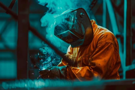 Factory industrial weld worker in workplace with spark. Welder wearing a welding helmet and orange coverall. AI generated