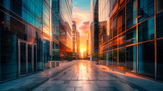 Early morning at empty street with modern office buildings or business center. High-rise windor buildings made of glass reflect the sunrise. AI generated