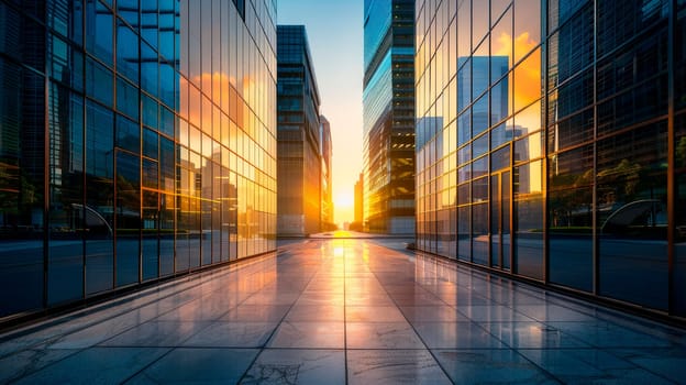 Early morning at empty street with modern office buildings or business center. High-rise windor buildings made of glass reflect the sunrise. AI generated