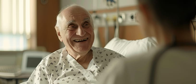 In a hospital setting, an elderly man shares a gleeful exchange with a visitor, his joyful demeanor shining through despite the clinical backdrop