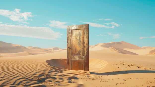 A closed wooden door in a sandy desert with blue sky. AI generated