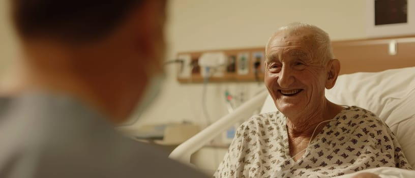 In a hospital setting, an elderly man shares a gleeful exchange with a visitor, his joyful demeanor shining through despite the clinical backdrop