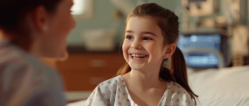 A young girl, wide-eyed and smiling, chats animatedly in a bright hospital ward, her joyful energy casting a warm glow