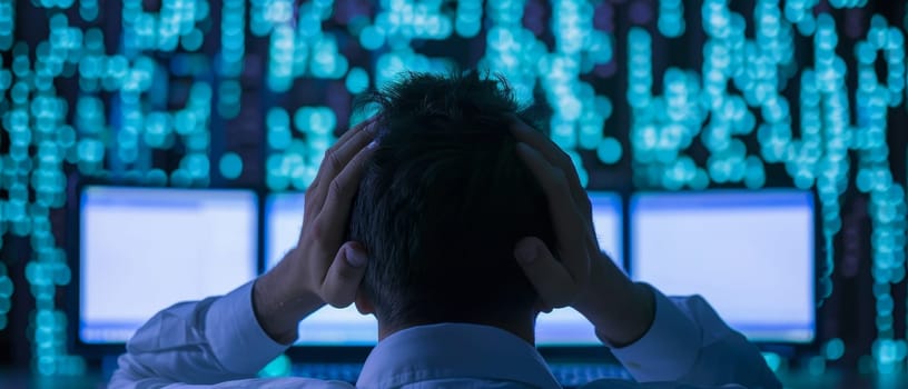 A stressed male programmer stands amidst a sea of digital data screens, his hands clutching his head in frustration. The intensity of the blue-hued data center highlights the critical nature