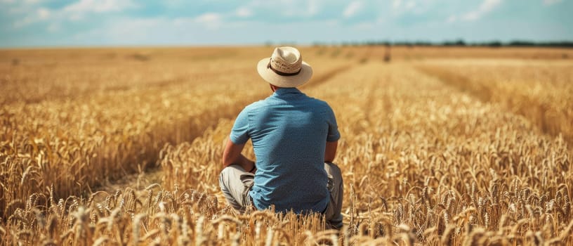 A lone figure sits peacefully in the embrace of a wheat field, his straw hat a quaint contrast to the endless amber grains. The serene tableau evokes timeless connection to the earth and its harvests
