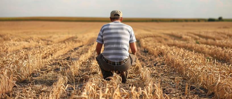A man sits in a harvested wheat field, with the golden stubble stretching into the distance, reflecting on the bounty of the land. The expansive farm under the clear sky showcases the magnitude