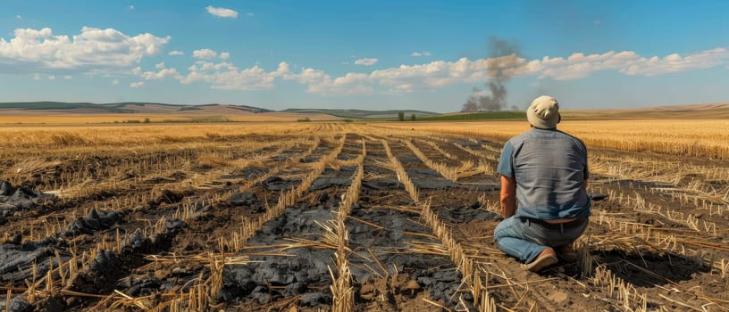 A figure observes the aftermath of a field fire, the contrast between burnt ground and the distant golden crops tells a story of loss and survival