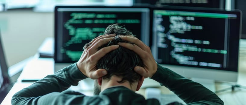 A system administrator exhibits clear signs of stress, surrounded by servers in a high-tech environment. His concern is underscored by the critical data displayed across screens