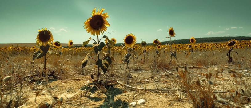 A lone sunflower captures the focus in a dry, expansive sunflower field, a representation of perseverance. The wide horizon behind echoes the vast challenges faced by agriculture