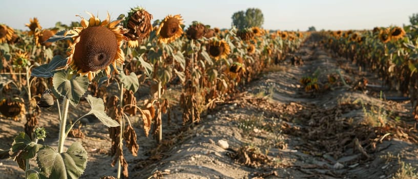 A lone withered sunflower stands prominently in a parched field, a stark symbol of drought's impact. The background reveals a landscape of desiccated flora, underlining the severity of water scarcity