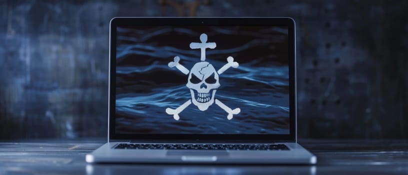 A pirate skull with crossbones set against a digital sea backdrop on a laptop screen, symbolizing a nautical-themed cybersecurity alert