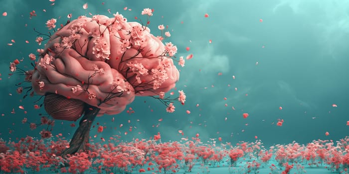 Human brain tree with flowers, self esteem, positive attitude, creative mind, mental health concept