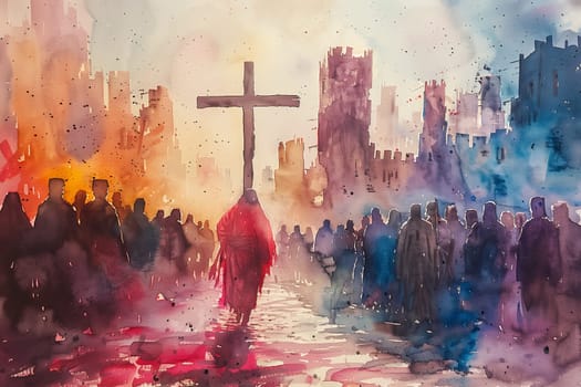 Religious cross, christian belief, crucification Jesus Christ on Easter, good friday, palm sunday, religion, crowd in Jerusalem