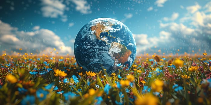 Planet earth on a meadow, green deal, protect nature, sustainable lifestyle, ecology and environment