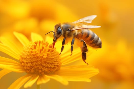 Honey bee collects pollen from flower, close up of insect, beekeeping or apiculture
