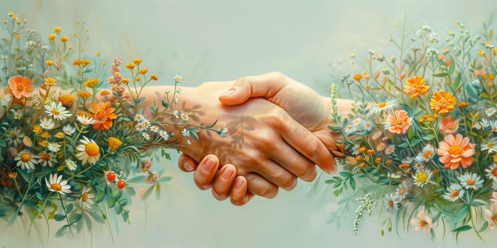 Handshaking, flowers growing on the hand, green deal, protect nature and planet earth, sustainable lifestyle, ecology and environment