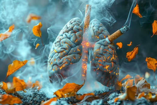Lung of a smoker with cigarettes, x-ray of the organ, world no tobacco day, unhealthy addiction to nicotine , medical health risk