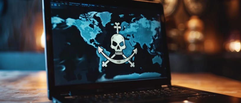 The image on a laptop depicts a skull superimposed on a world map, representing a global cybersecurity threat