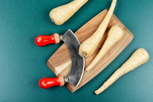 Raw parsnips roots and knife on the kitchen table