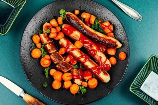 Baked or grilled turkey sausages with roasted carrots on the plate. German BBQ menu.