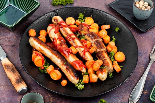 Baked or grilled turkey sausages with roasted carrots on the plate. German BBQ menu.