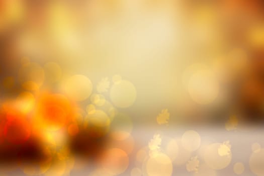 Hello autumn background. Abstract autumn gradient gold yellow orange bright background texture with leaves and bokeh circles. Indian summer. Card design with space text. Beautiful backdrop.