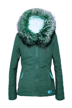 Woman clothes. Stylish green female winter jacket with fur hood on mannequin isolated on a white background. Girls winter fashion.