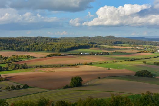 Top view of a green landscape with farmland, forest and blue sky