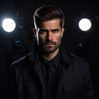 Portrait of a stern-looking man with intense gaze, backlit by dramatic spotlights in a dark environment.
