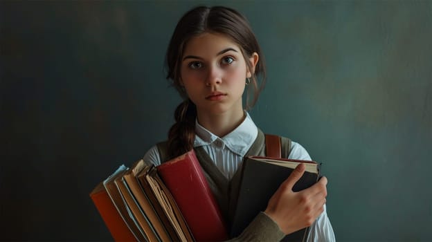 A young woman with a braided hairstyle holding a stack of old books, a thoughtful expression on her face, against a dark background.