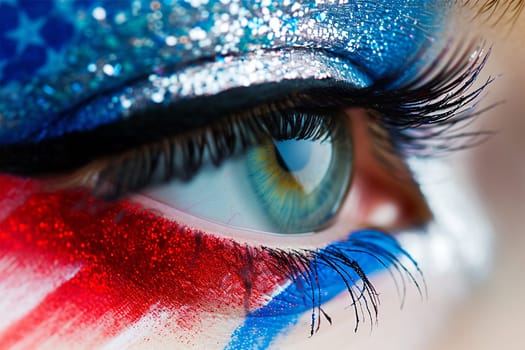 Close-up of an eye with American flag themed makeup, vibrant colors, and glitter.