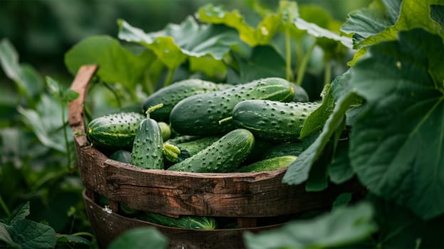 Ripe cucumbers in a rustic wooden basket among lush leaves.