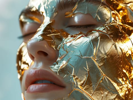 Close-up of a face partially covered in gold leaf, contrasting textures