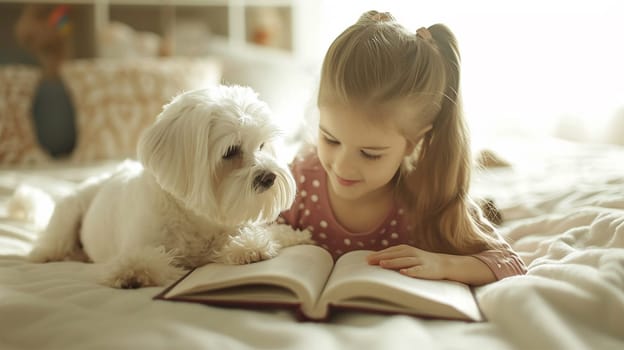 A little girl and a fluffy white dog looking at a book together in a cozy, sunlit room.