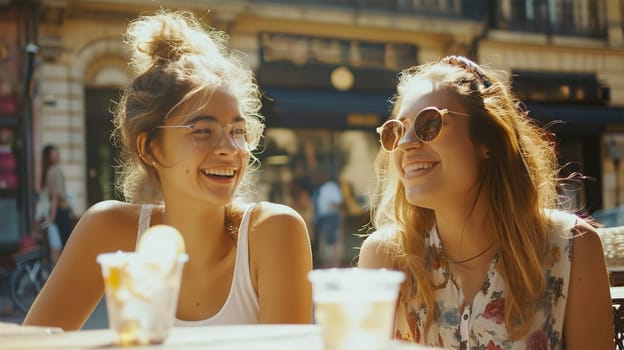 Two women sharing a joyful moment at a cafe, their laughter bright as the sunny day.