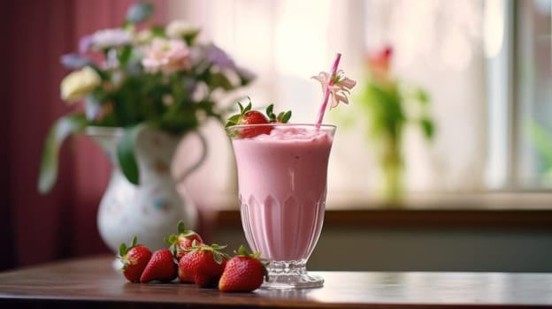 A refreshing pink strawberry milkshake garnished with a flower, with fresh strawberries and a flower bouquet in the background