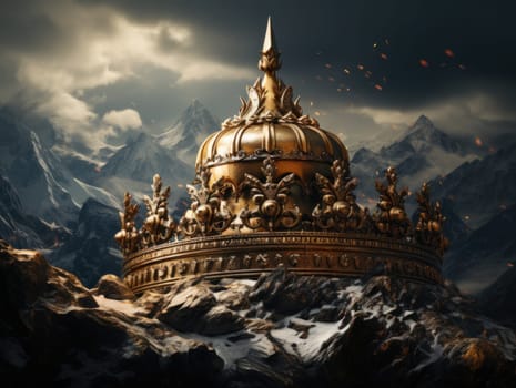 A fantastic golden fortress in the shape of a crown on top of a mountain, surrounded by clouds.book illustrations, fantasy world building, game concept art