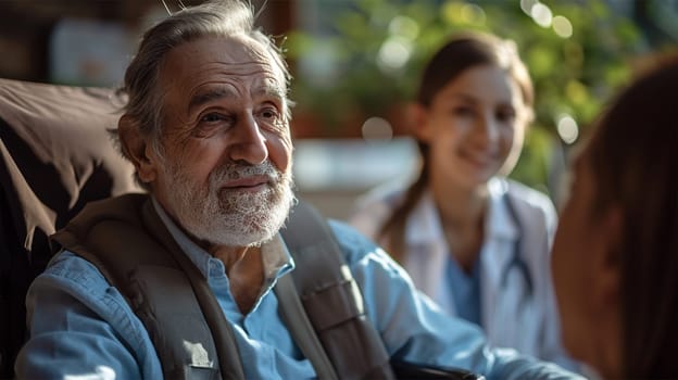 Elderly man conversing with a smiling nurse, intimate and caring environment.health care