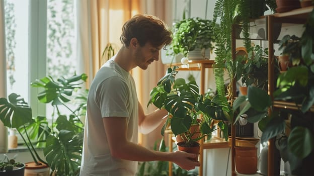 A man attentively tending to indoor plants in a sunlit room.Full length photo of a handsome man placing a monstera plant on a shelf