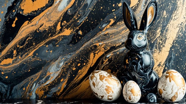 An abstract black rabbit figure surrounded by golden eggs on a marbled background.holiday themes, artistic expression, or modern decor.